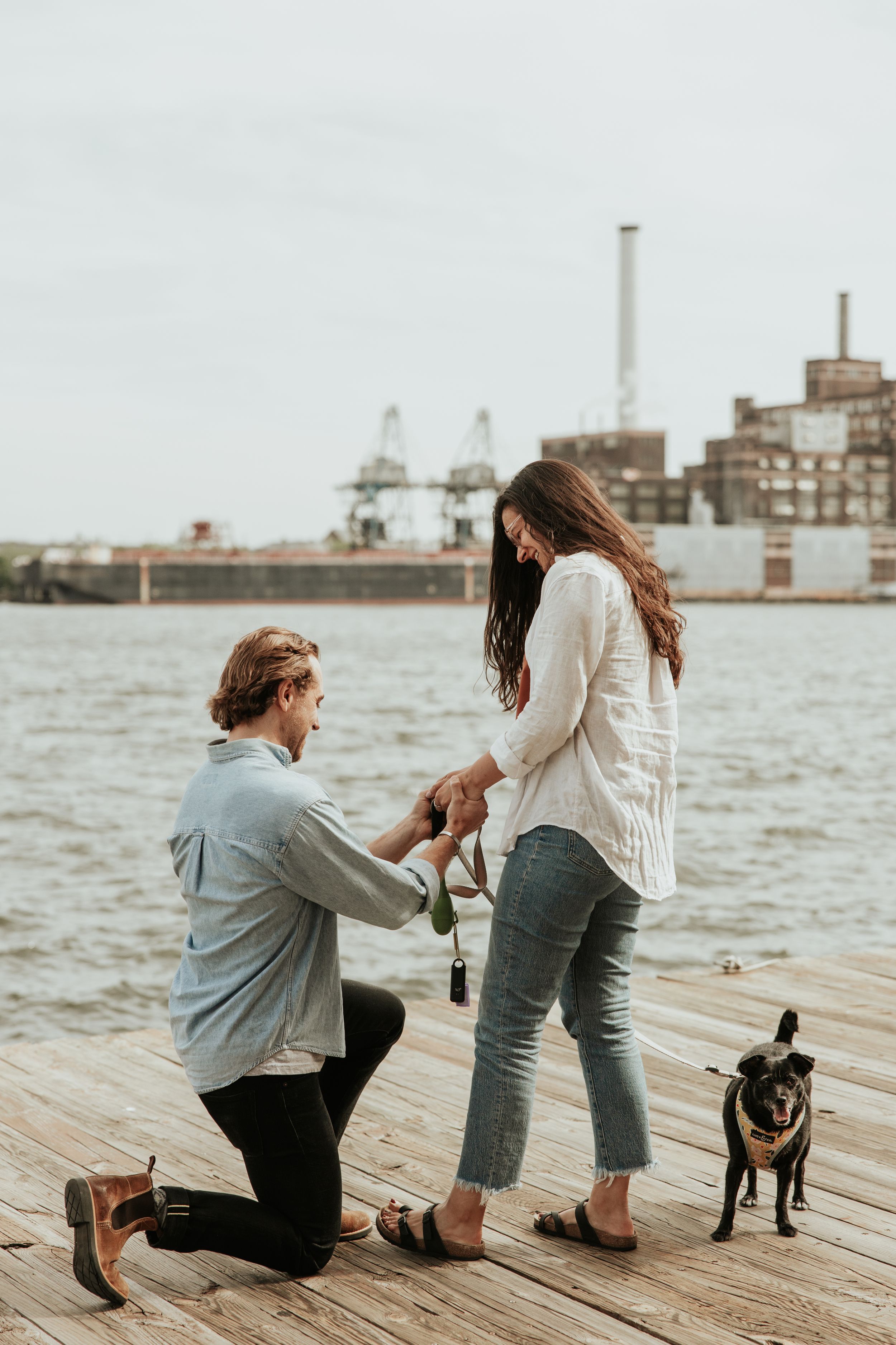 A surprise proposal moment on a waterfront dock with a dog watching nearby.