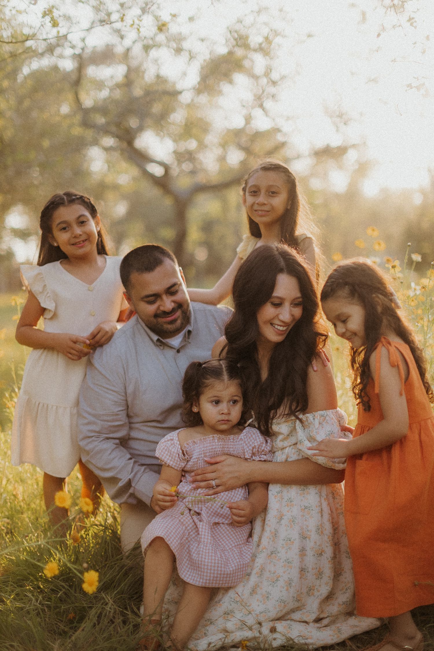 A family sits together in a sunlit meadow with yellow wildflowers during golden hour.