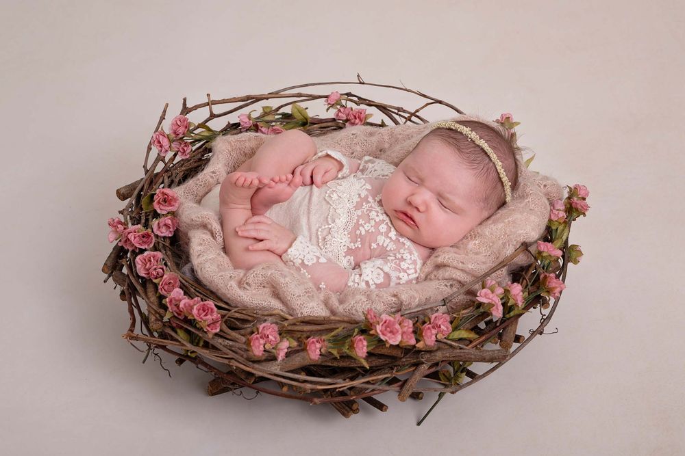 baby girl in white lace outfit posed in basket prop with pink roses, Baltimore Ontario Newborn Photographer*