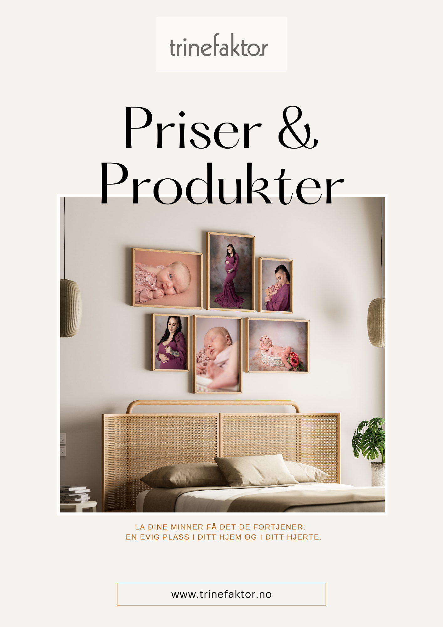 Minimalist photography pricing guide cover with wooden headboard and framed portraits arranged on beige wall.