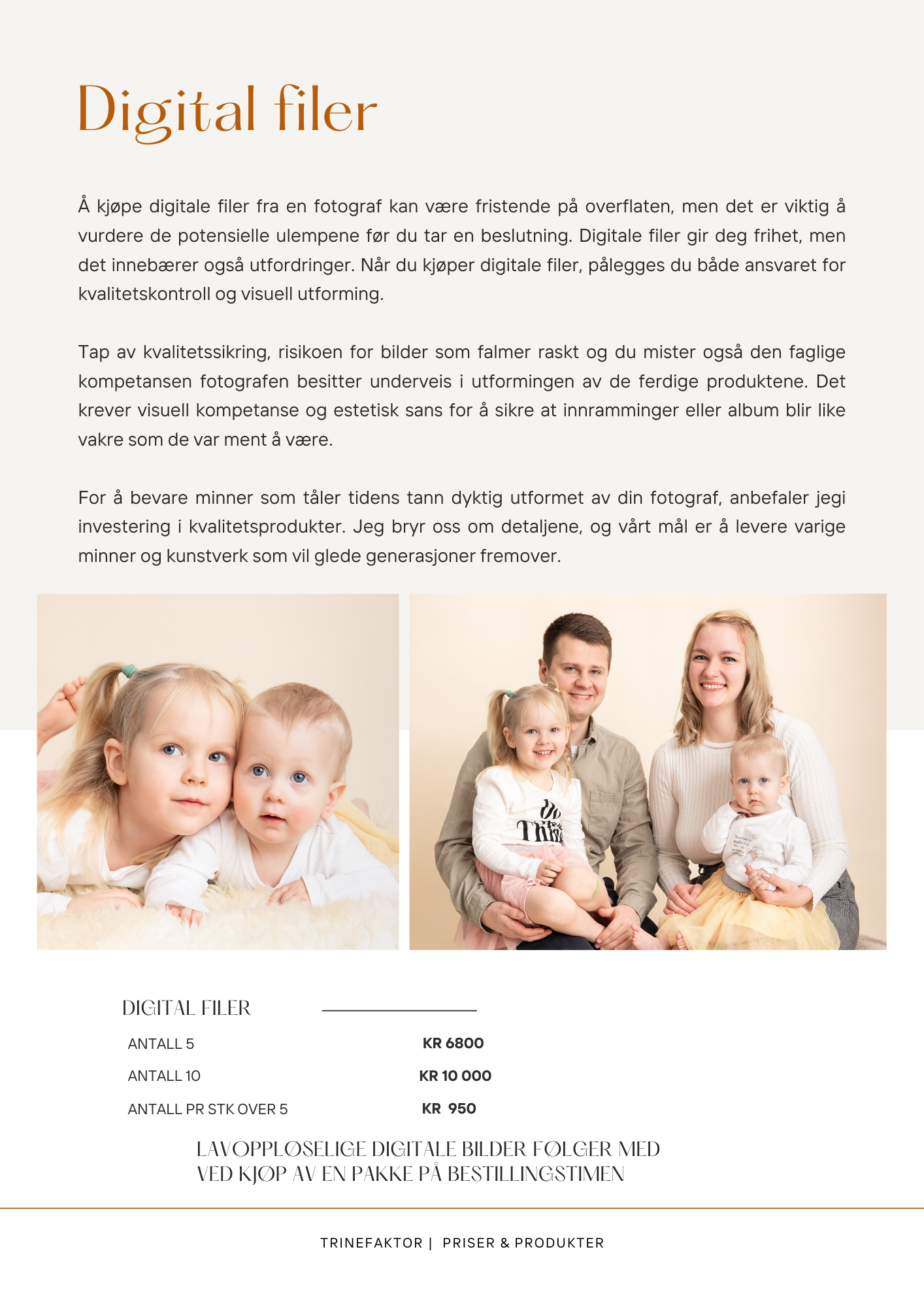 A white and beige page layout for digital files featuring family photography and text in Scandinavian style.