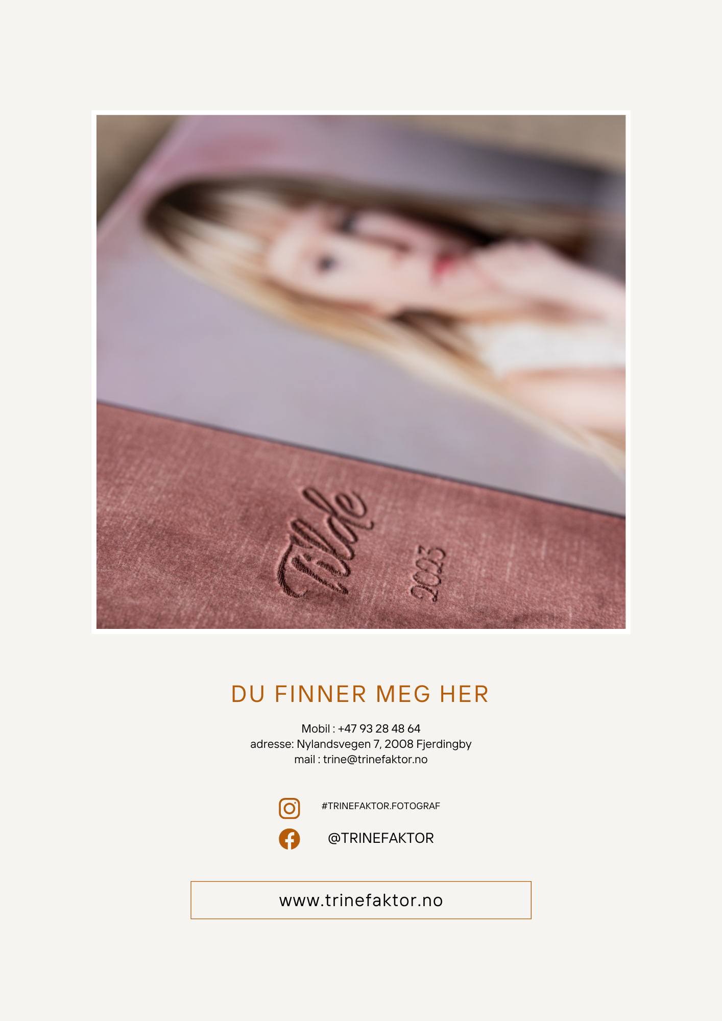 Closeup of embossed text detail on brown leather surface with blurred background showing website and contact information.