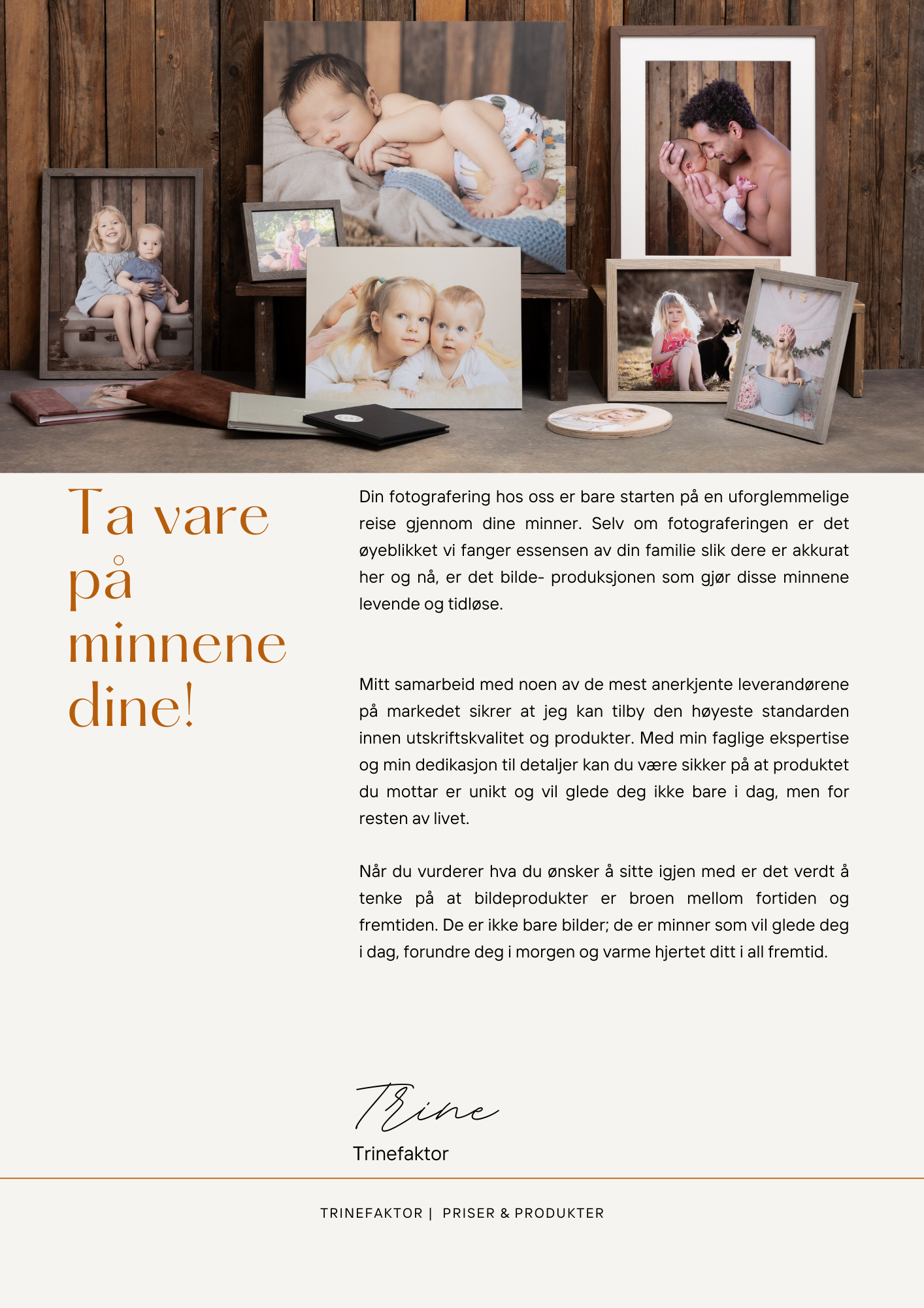 A collection of professional family photography portfolio images arranged in a grid layout on a wooden background.