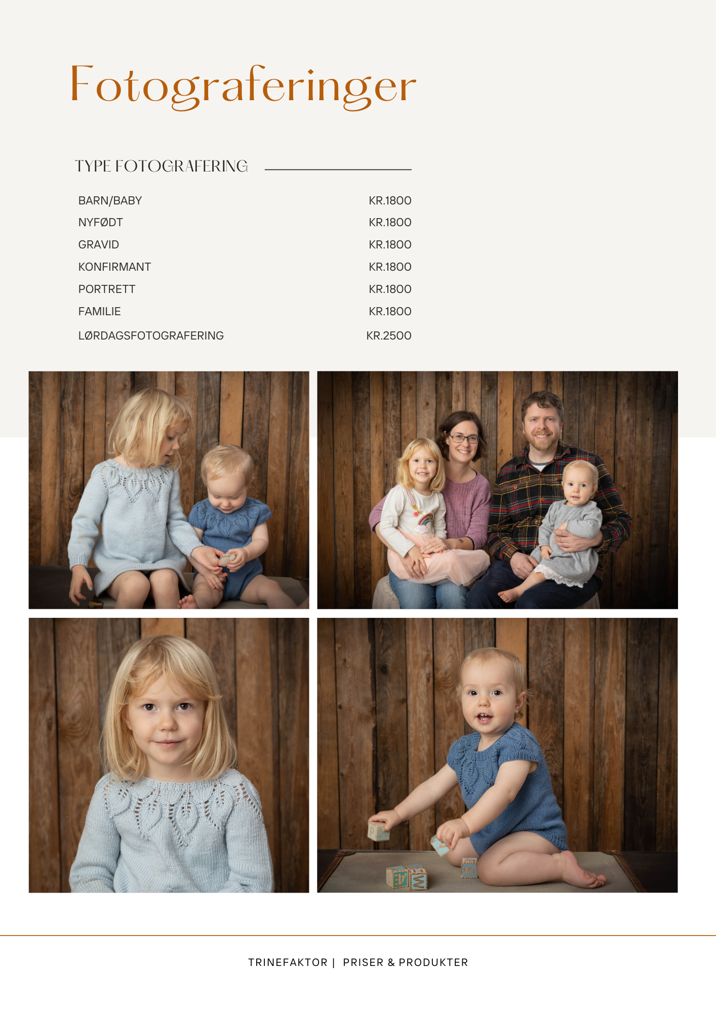 Photography pricing guide layout with family portrait samples against rustic wood paneling background.