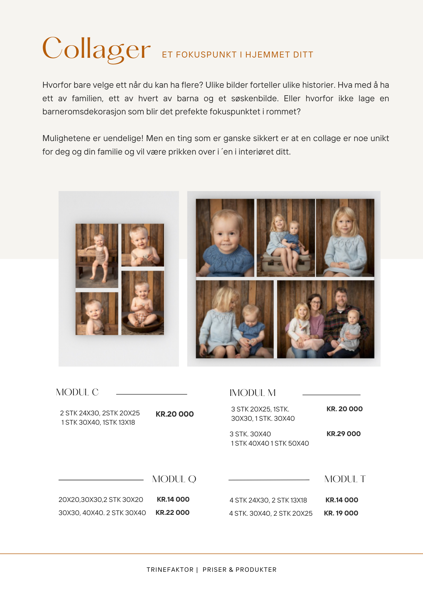 Photography studio pricing guide showing sample portrait packages and session fees in a clean layout design.