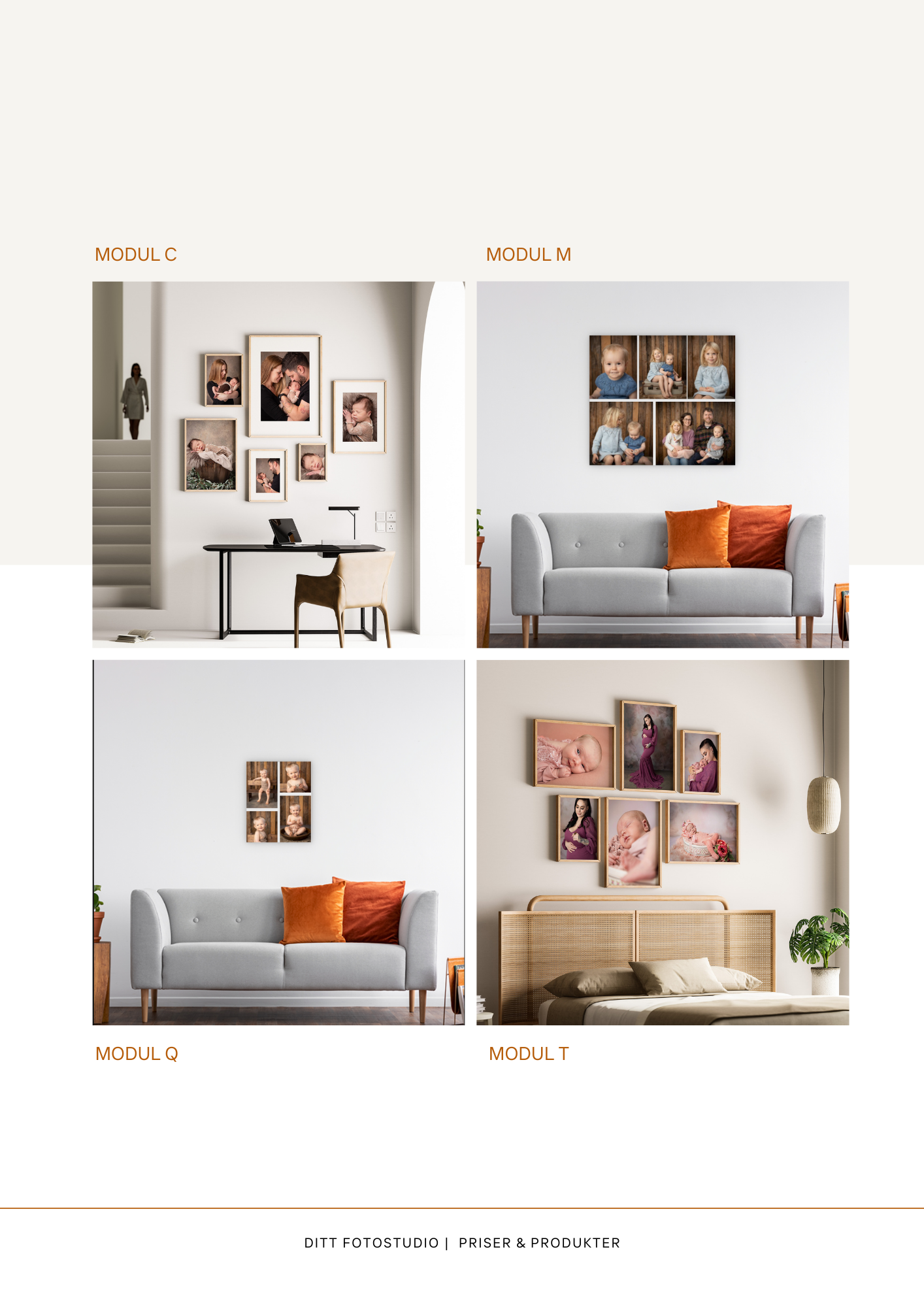 Modern living room interior with grey sofa, orange accent pillows, and framed wall art arranged in gallery style layout.