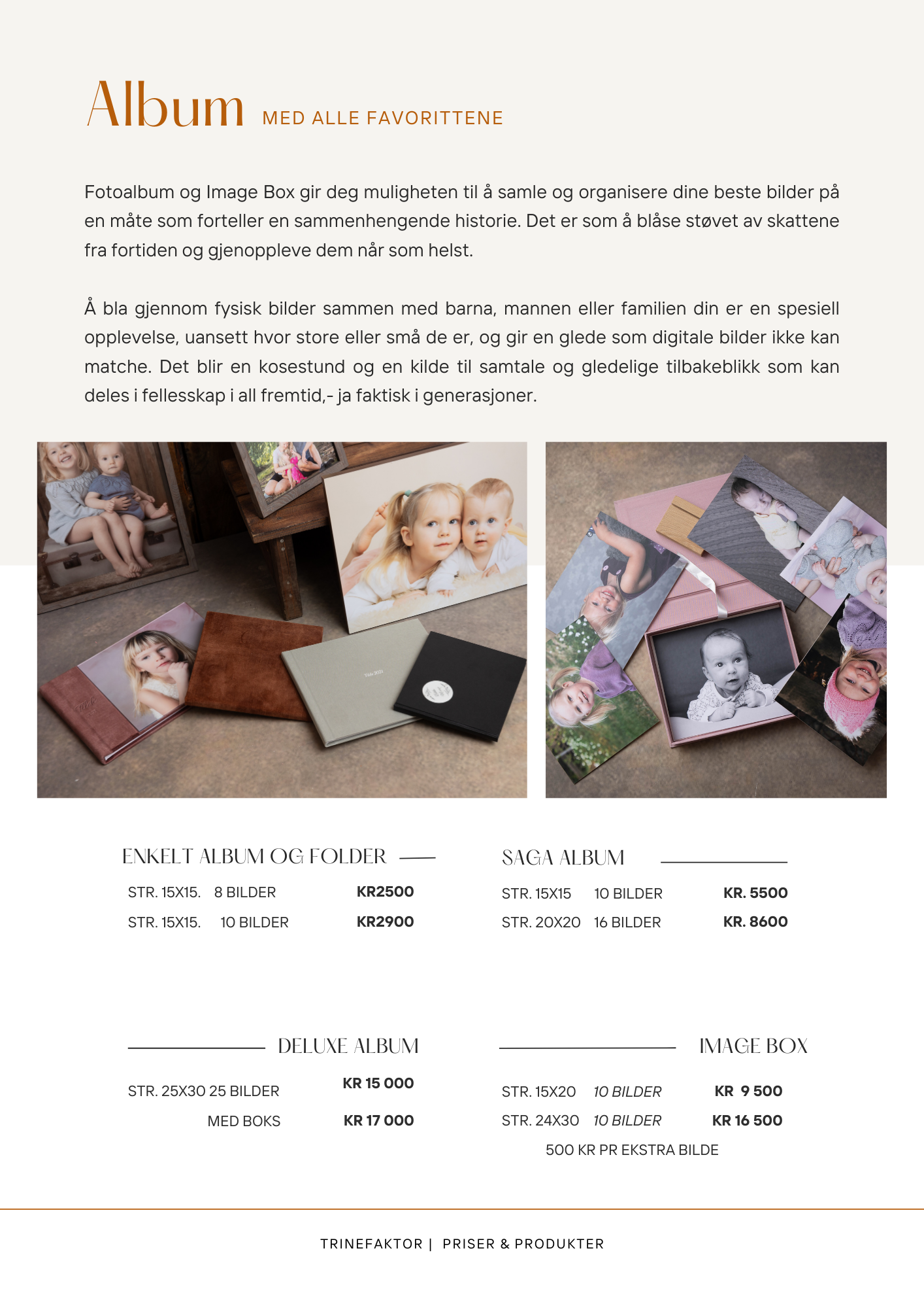 Catalog page layout showing photo album products with pricing information and sample images in a clean grid design.