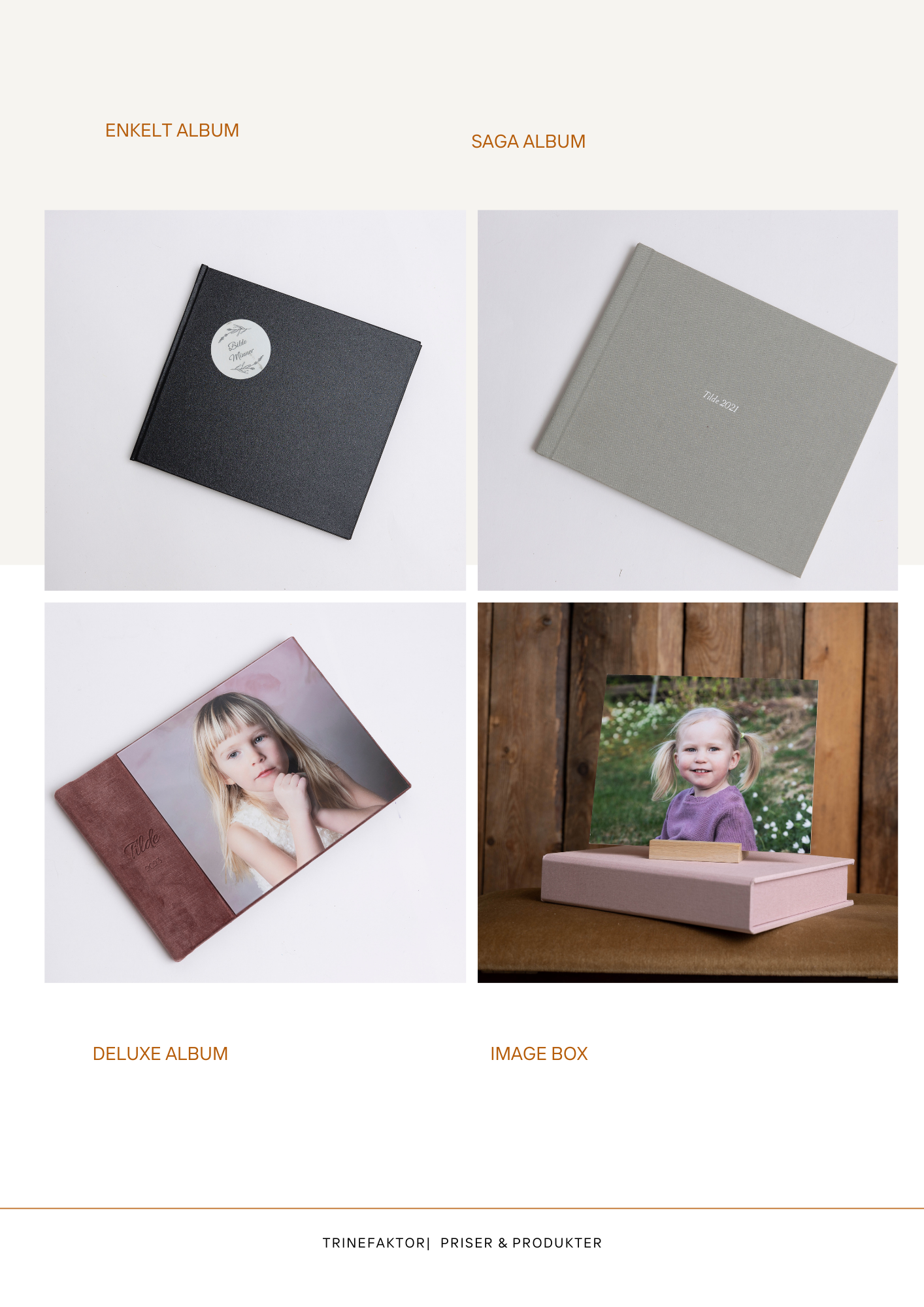 Professional photography album and presentation box collection showing various styles and finishes in gray and brown tones.