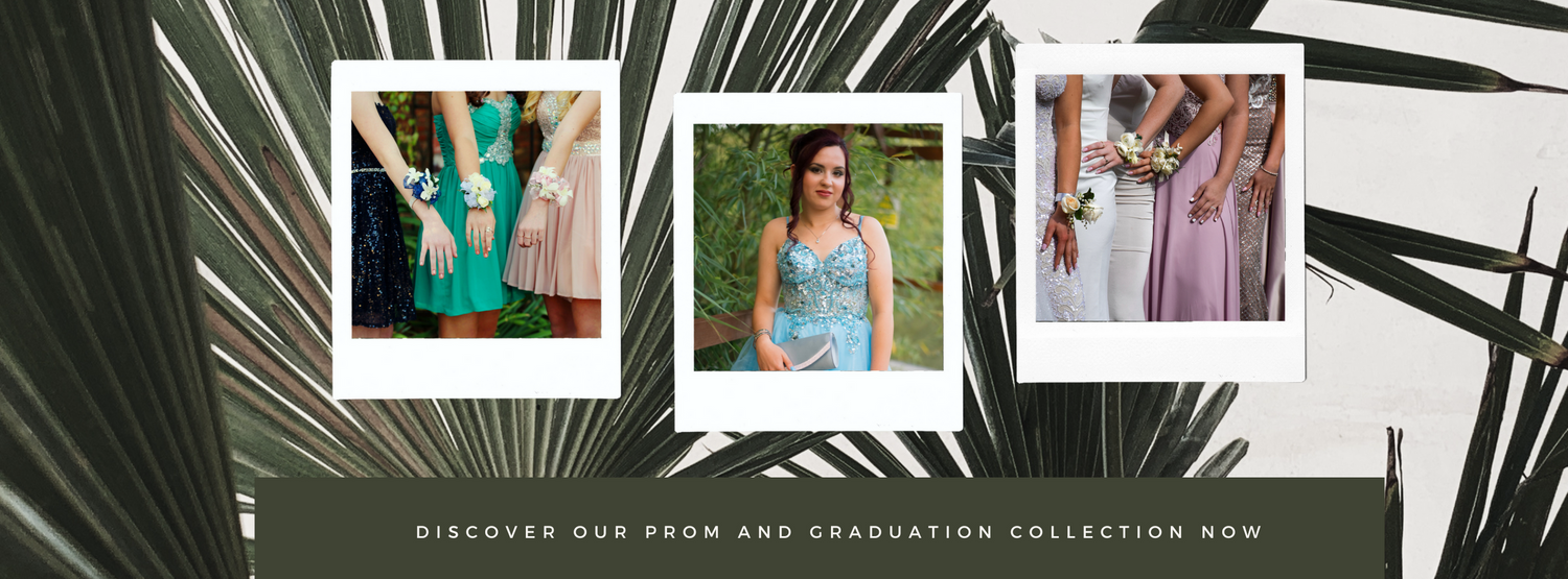 Three vintage-style polaroid photos arranged on a palm leaf background.