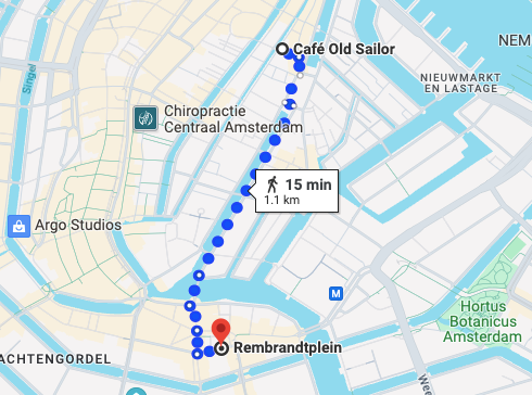 Google Maps walking route from Cafe Old Sailor to Rembrandtplein in Amsterdam.