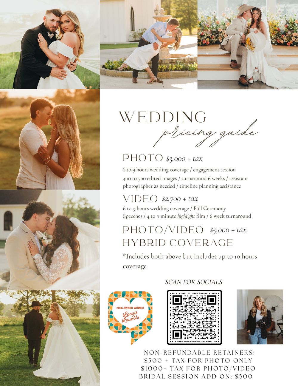 Wedding photography pricing guide flyer featuring couples in romantic outdoor settings with photo, video, and hybrid coverage packages.