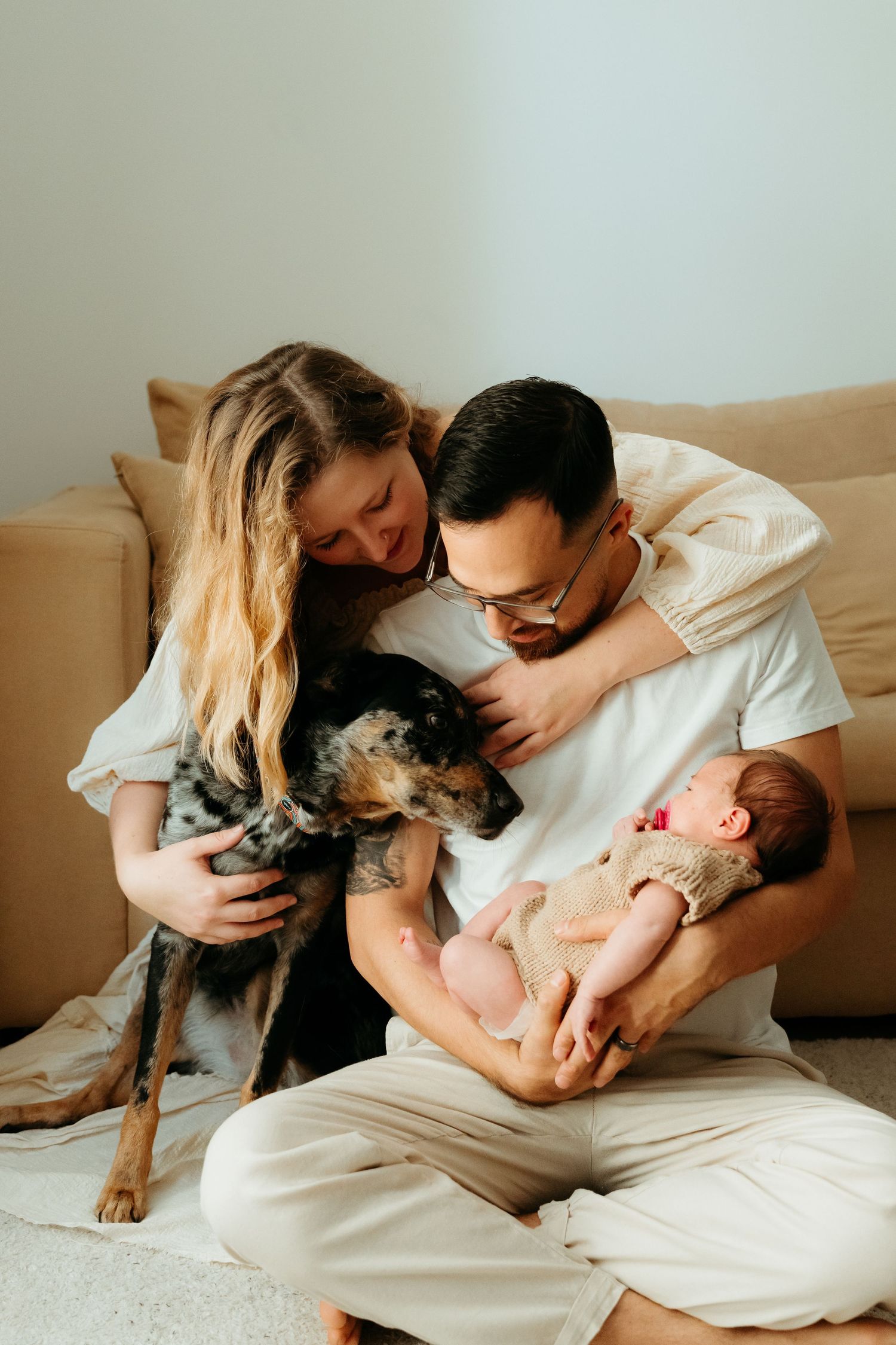 family newborn intimate home photoshoot baby dog