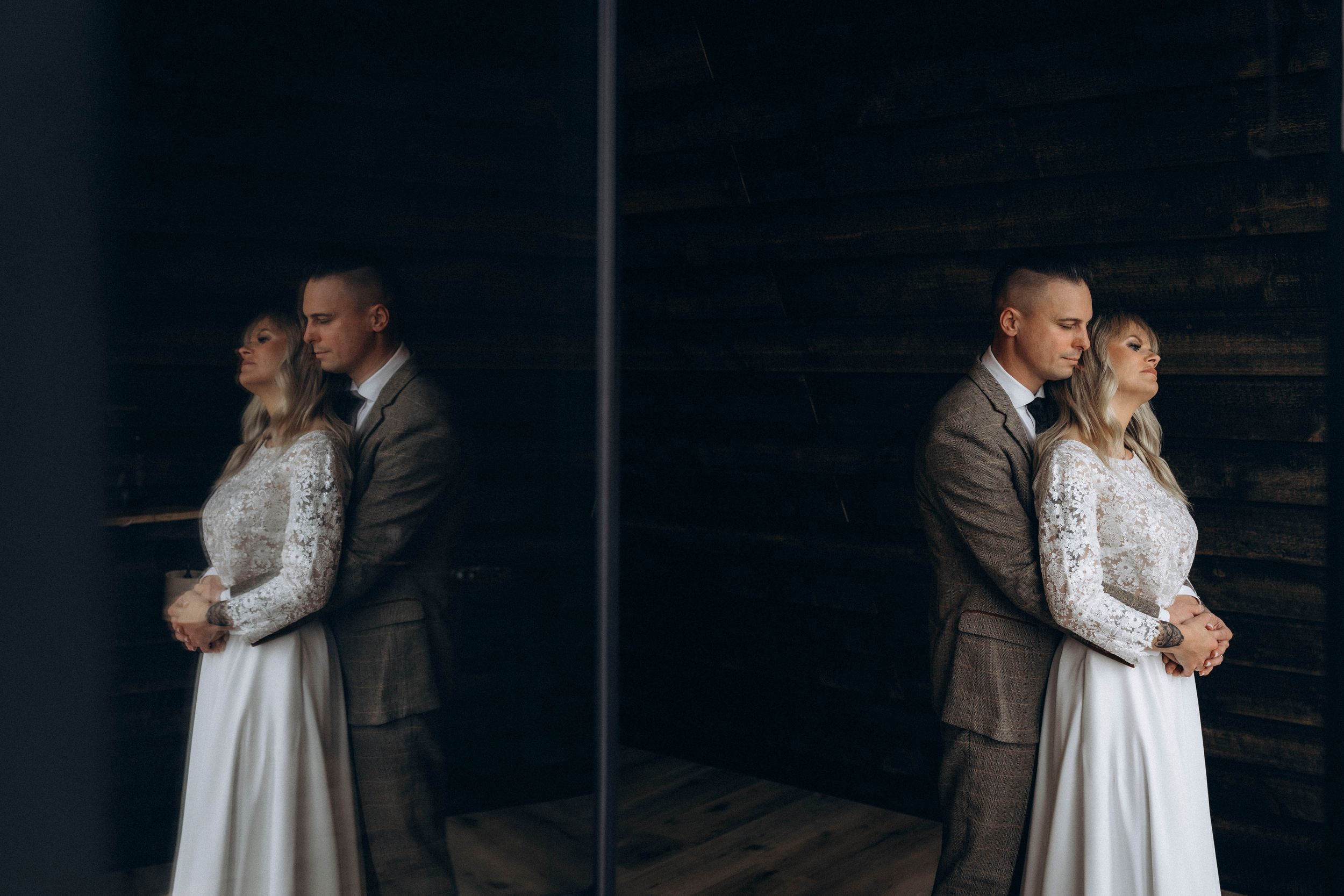 A series of romantic wedding photos showing a couple embracing against a dark rustic backdrop.