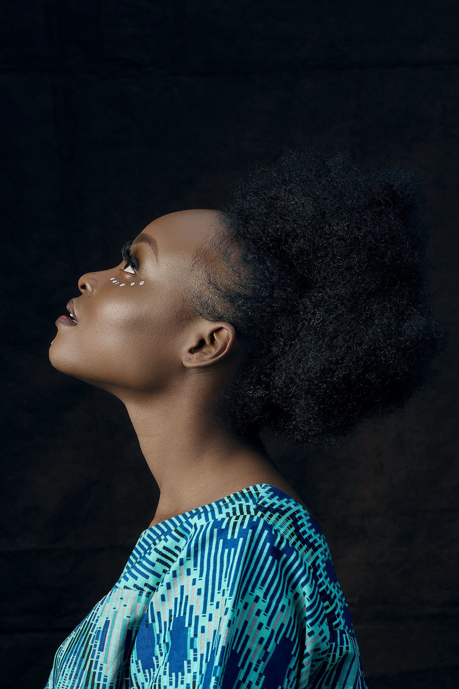 Artistic profile portrait of person with natural hair wearing blue patterned top against dark background.