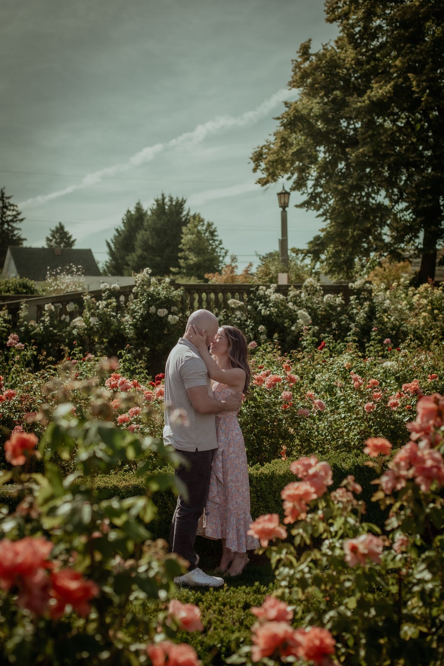 A couple embraces in a romantic moment surrounded by blooming coral-colored roses in a lush garden setting.