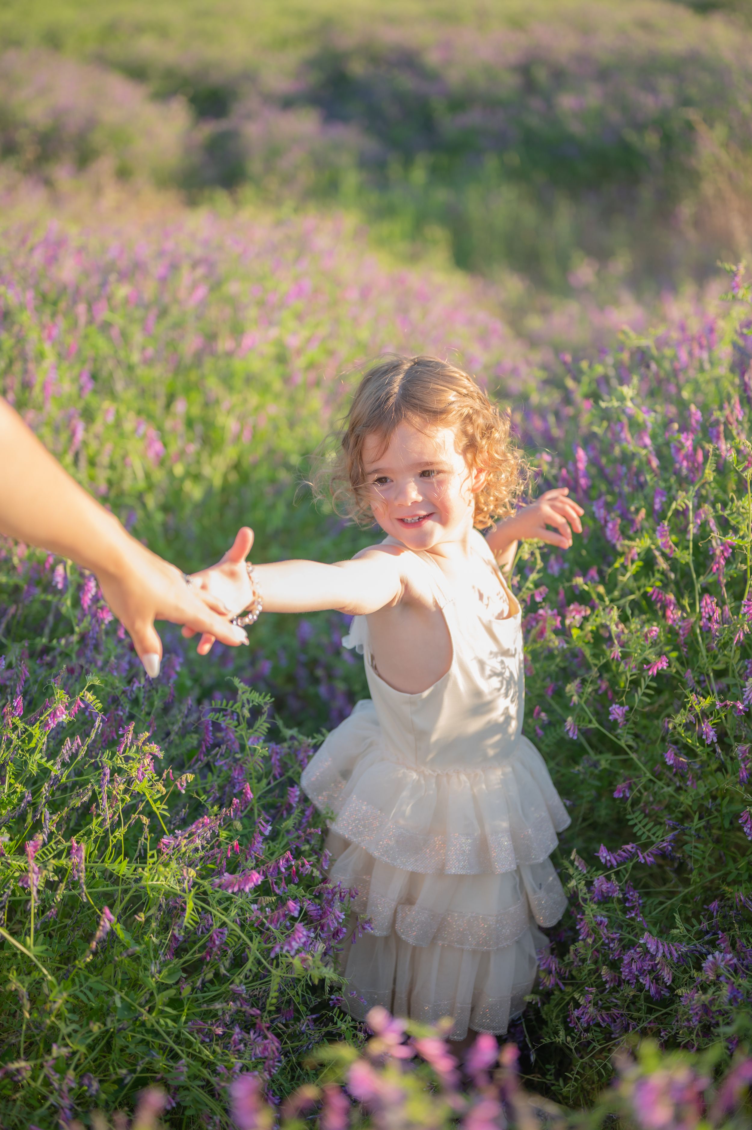 A child in a white ruffled dress reaches toward someone's hand while standing among blooming purple wildflowers in sunlight.