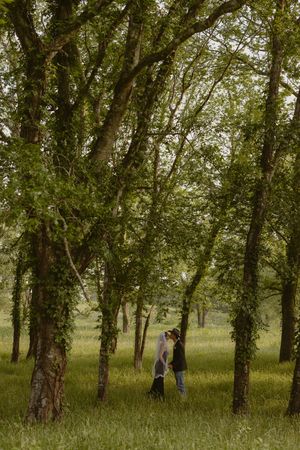 A wedding couple shares a romantic moment among ivy-covered trees in a lush green meadow.