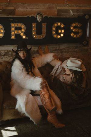western, besties, fur coat, ellis motel, photographed by Sydney Romero, La Grange TX photographer