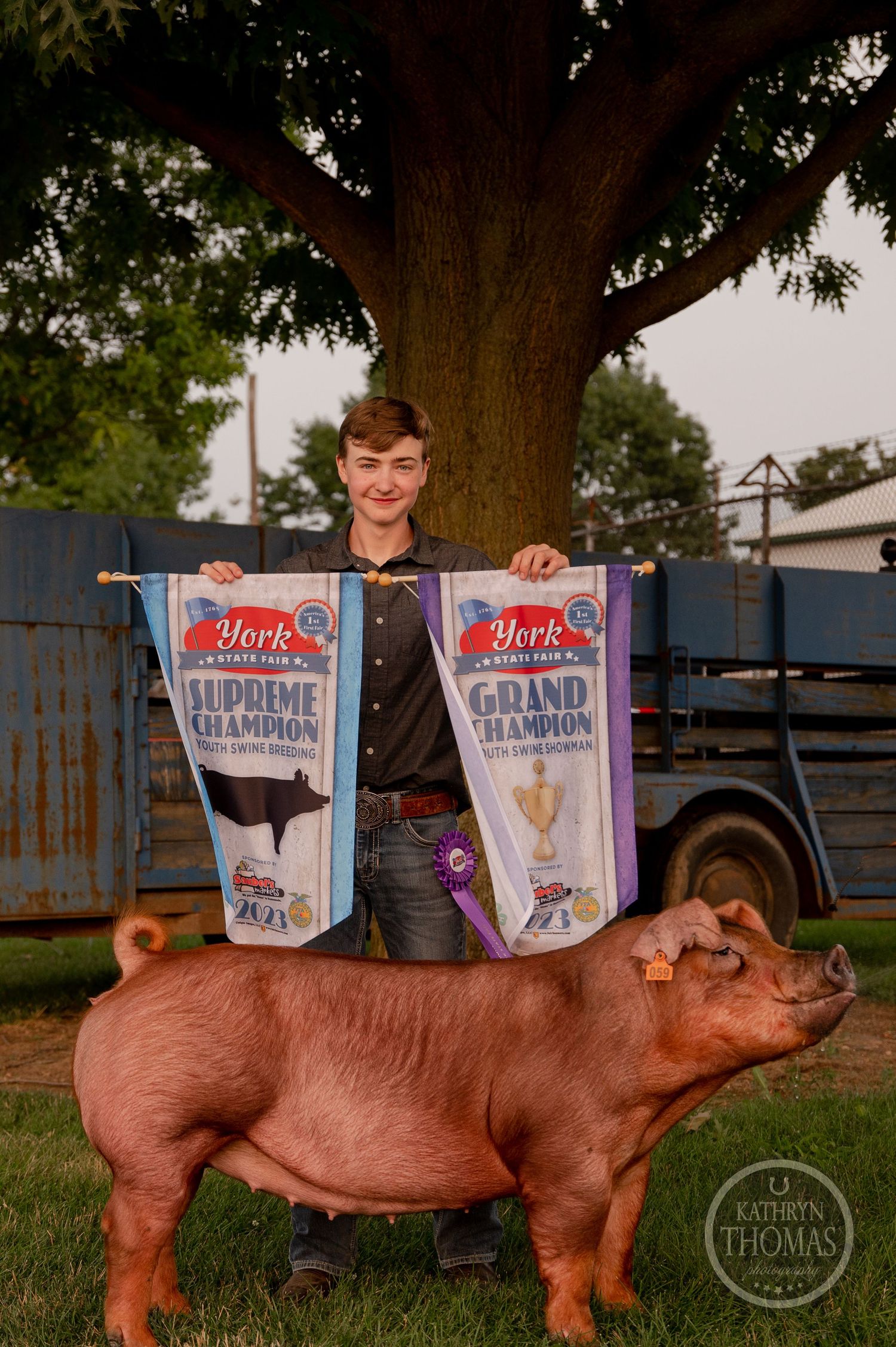 An exhibitor displays winning banners while standing with a red show pig under a large tree.