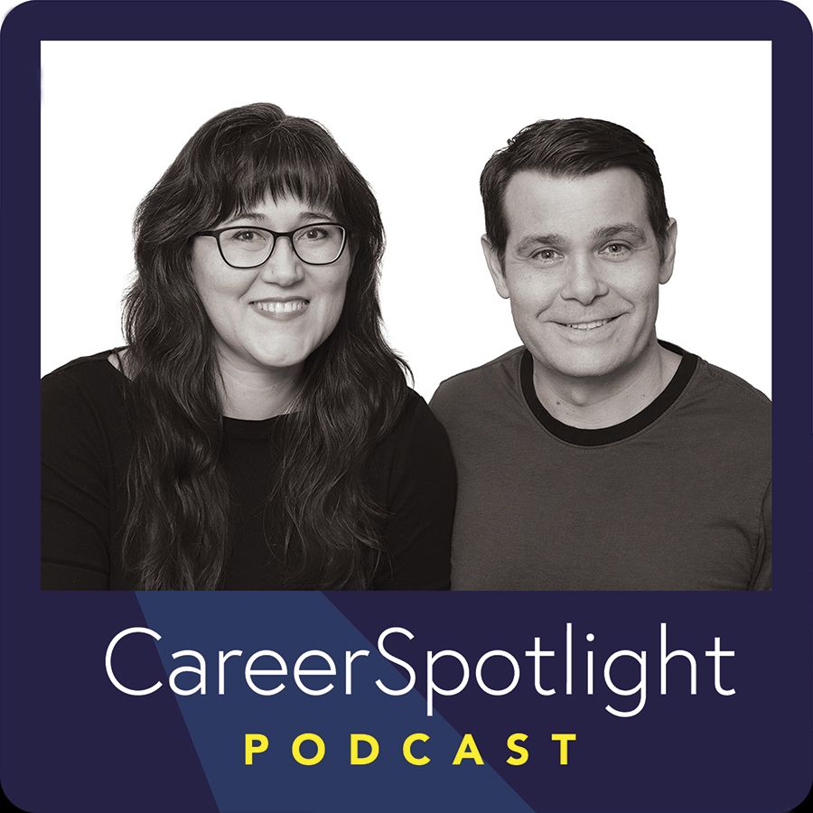 Holli and Casey Margell in black and white portrait with Career Spotlight Podcast graphic frame in navy blue and yellow text