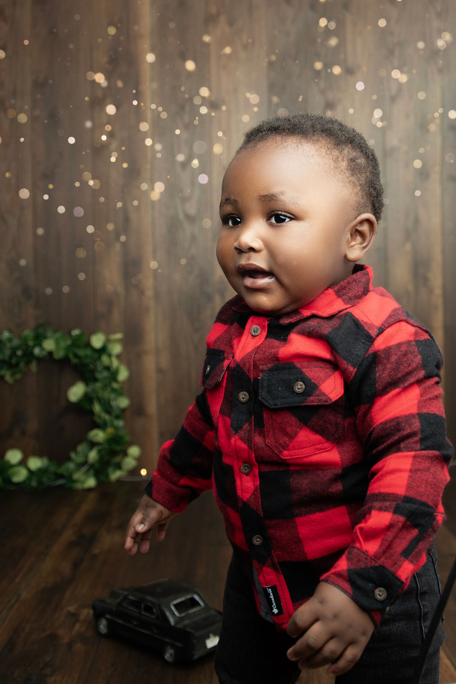 Buffalo plaid themed photo session with sparkly brown backdrop and mood lighting.