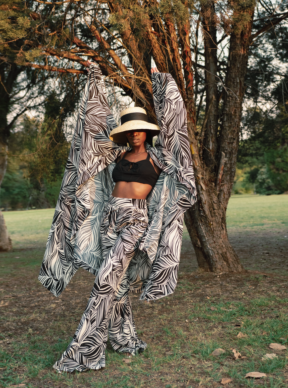 A stylish black and white patterned ensemble with flowing fabric is showcased in an outdoor nature setting.