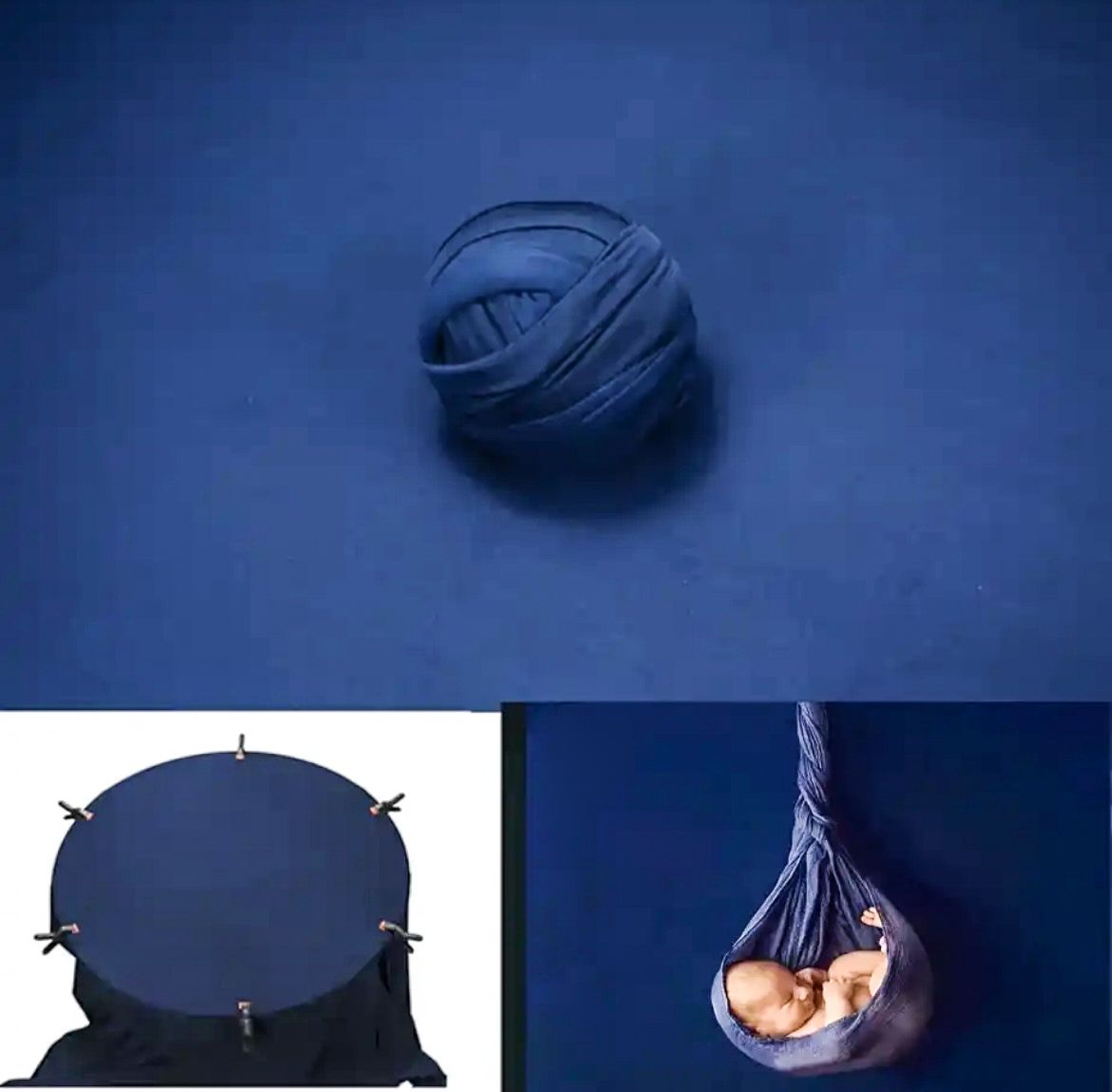 Photography backdrop setup with blue fabric and posing accessories.