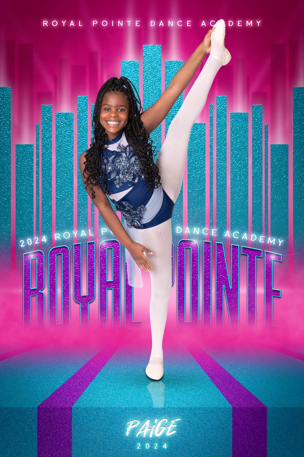 Dance academy promotional photo showing high leg extension pose against cityscape.