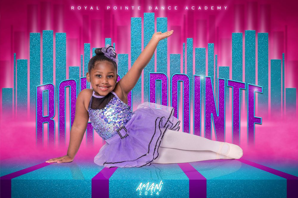 Dance academy promotional image with cityscape background in pink and blue tones.