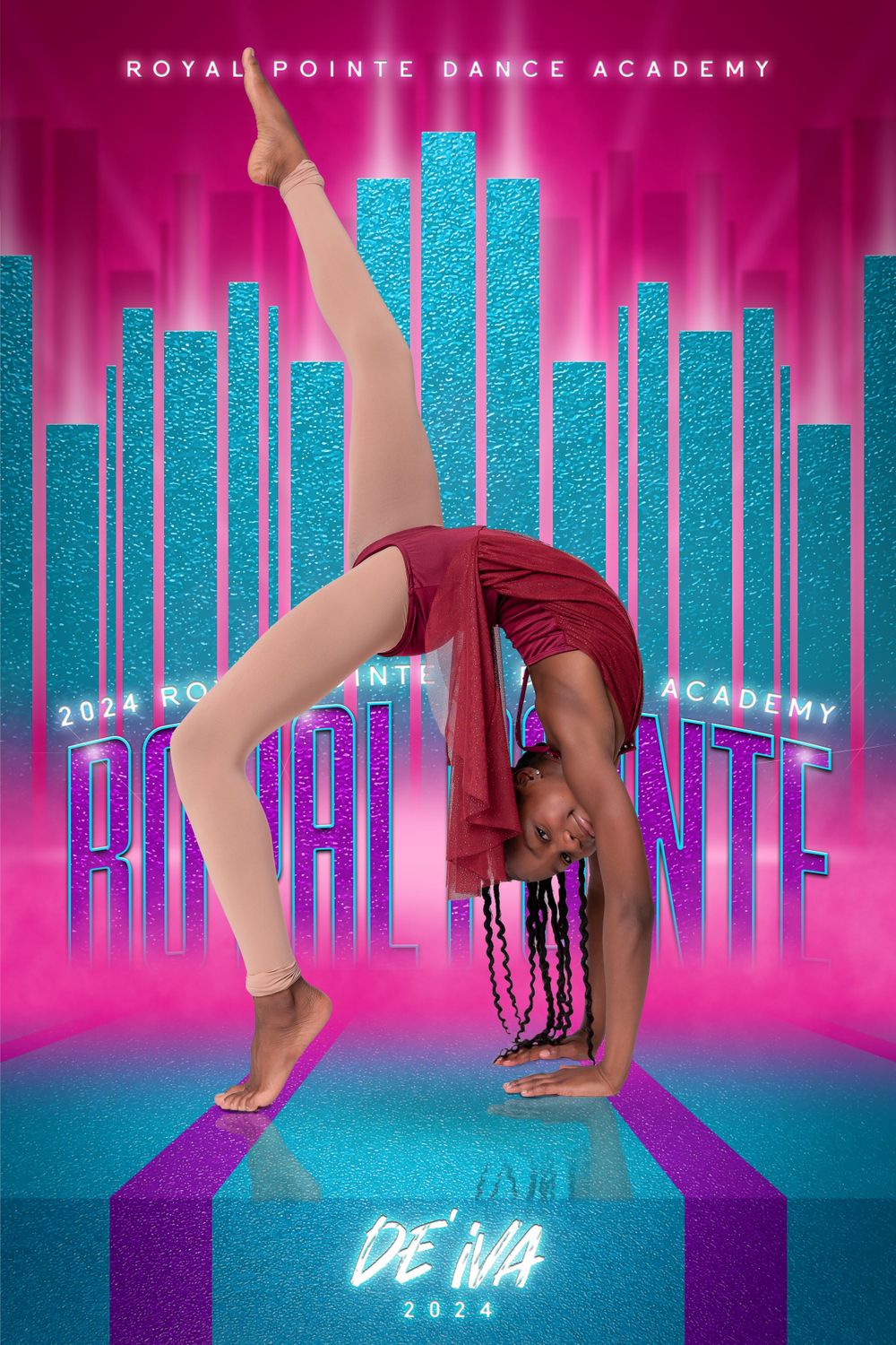 Dancer performing back bend against vibrant pink and blue urban backdrop.
