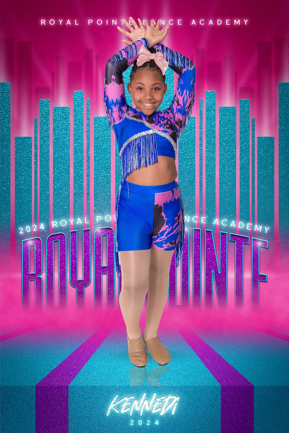 Dance performer in blue and pink costume striking pose against neon city background.