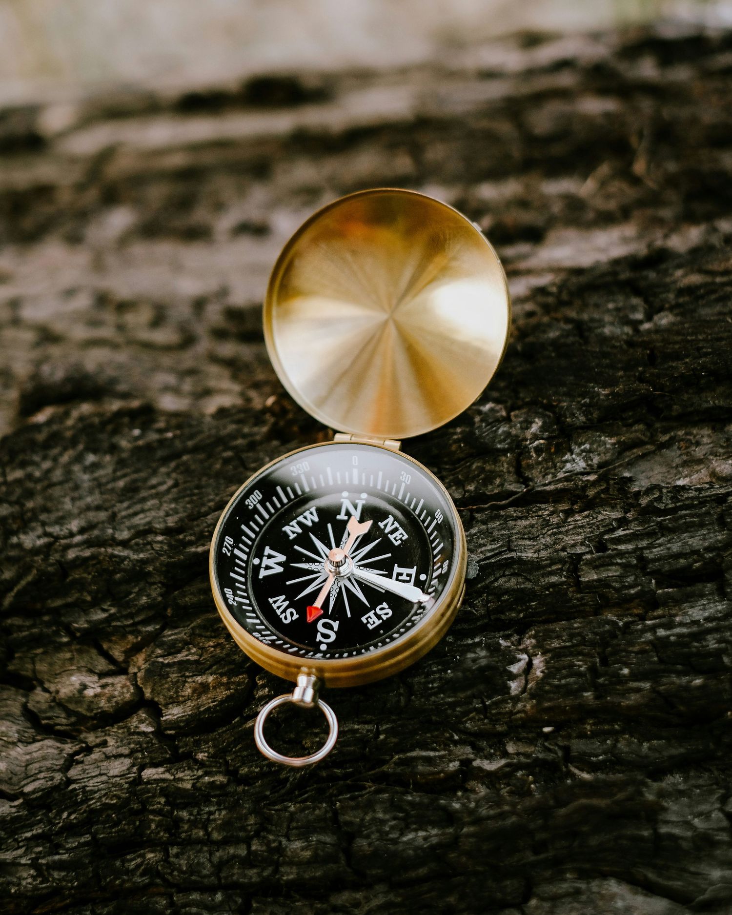A vintage brass compass with open lid sits on weathered dark wood showing its directional markings and needle.