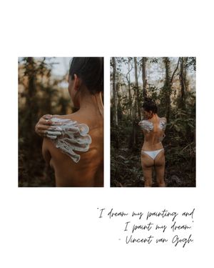 Artistic photo series showing intimate body paint portraits in a natural forest setting at golden hour.