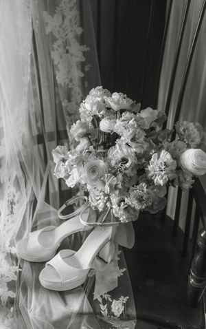 A black and white photograph of white wedding shoes next to a delicate bouquet of flowers with lace curtains in background.