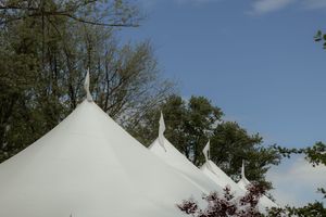 A row of white party tents set up outdoors under blue sky with trees in the background.
