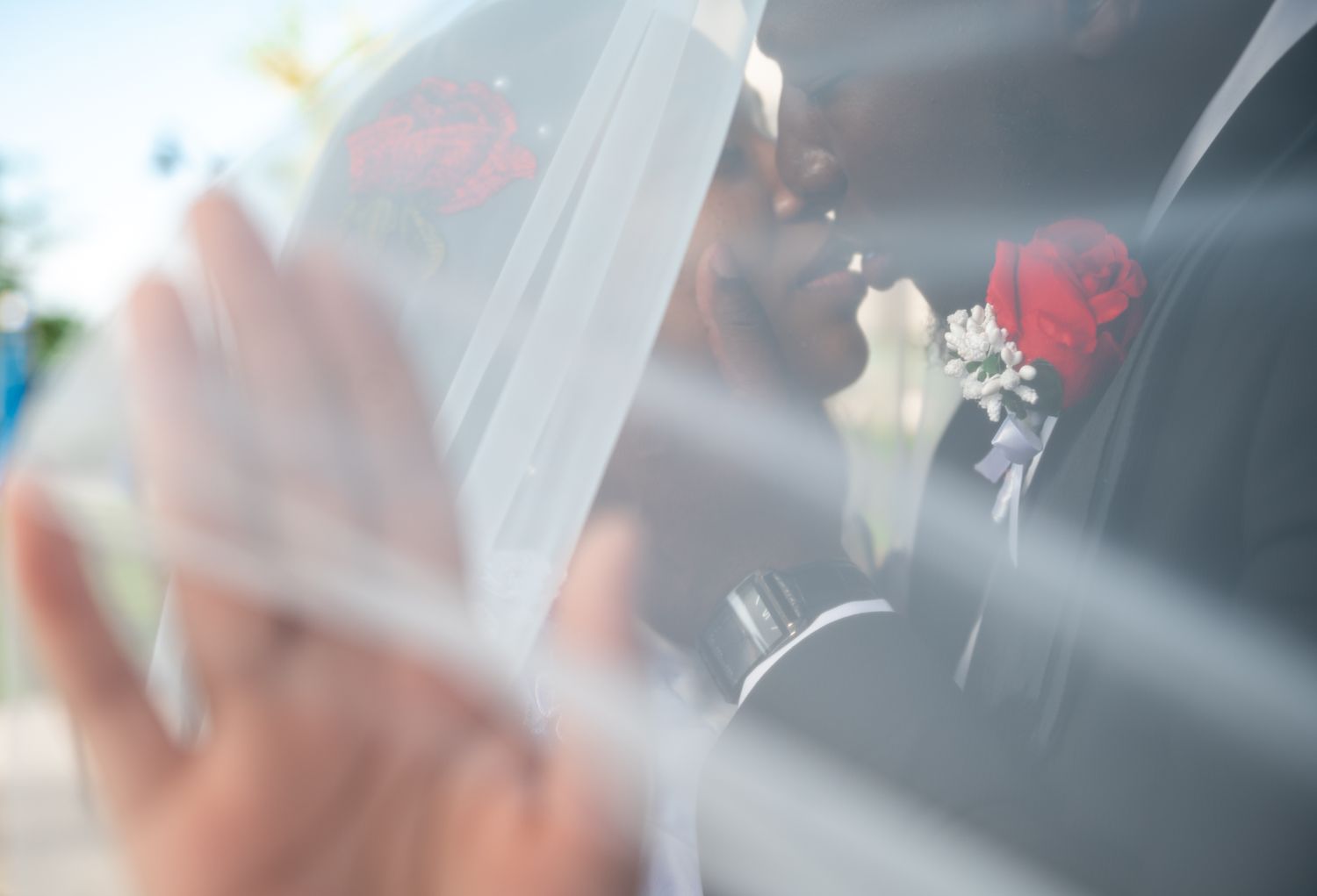 Boynton Beach wedding photographers captured this intimate, editorial-style image of a groom kissing his bride beneath her veil.
