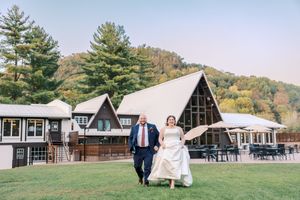 A series of wedding photos showing outdoor venue setups with white tents and rustic buildings in a scenic mountain setting.