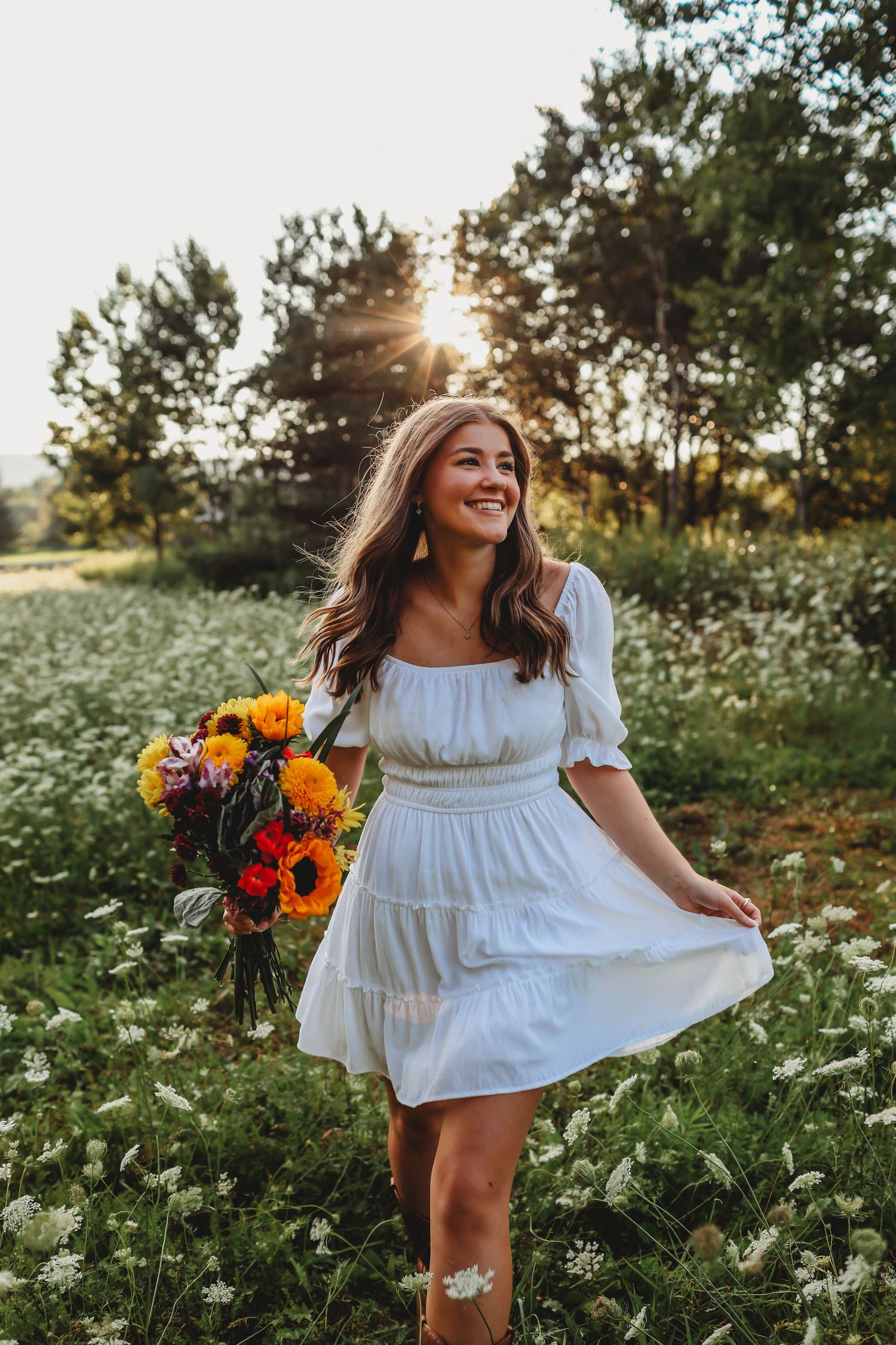 Summer, flowers, senior photos, dress, white dress, cowboy boots