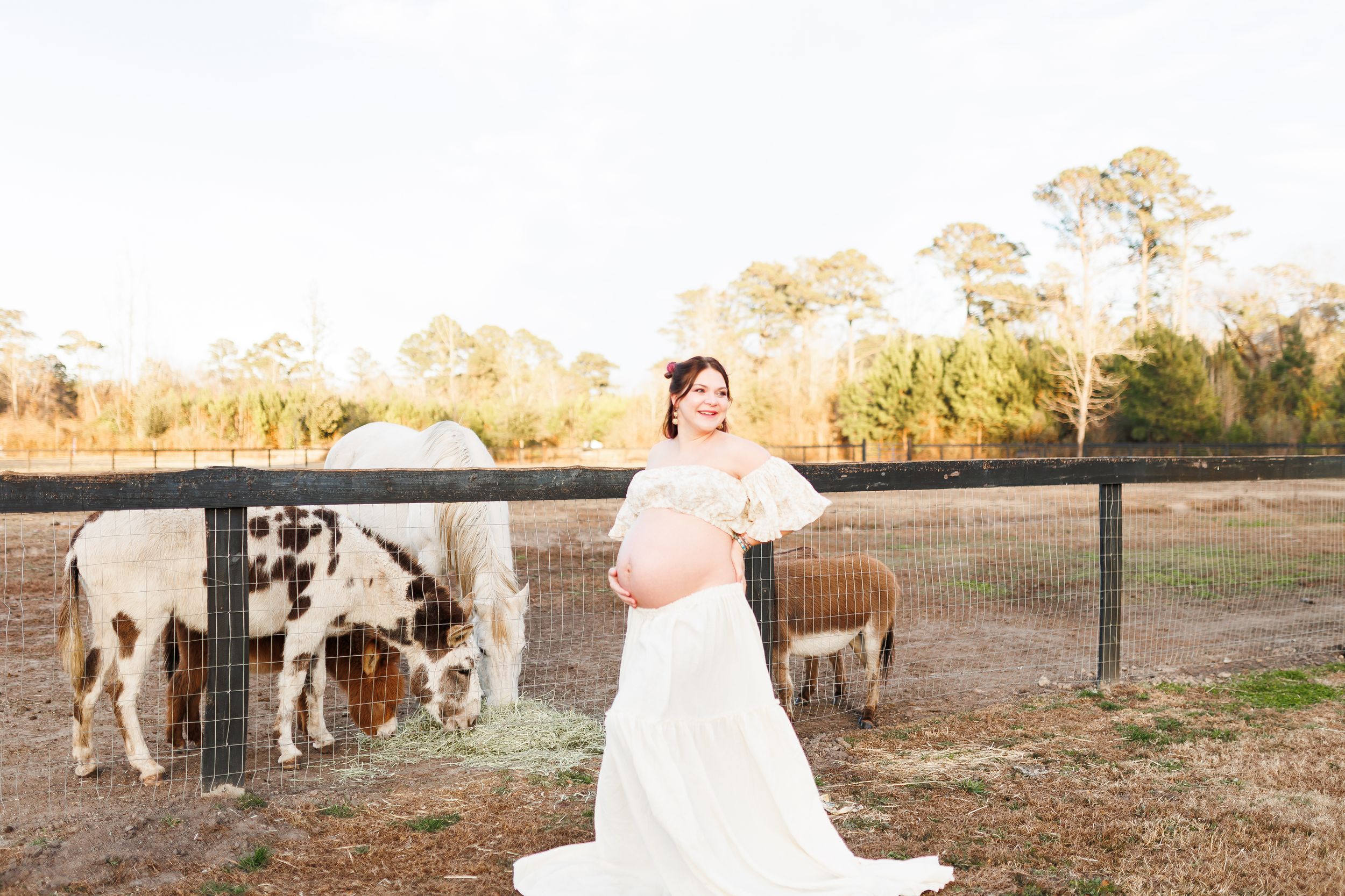 A person in a white wedding dress stands in a field with horses grazing in the background during golden hour.