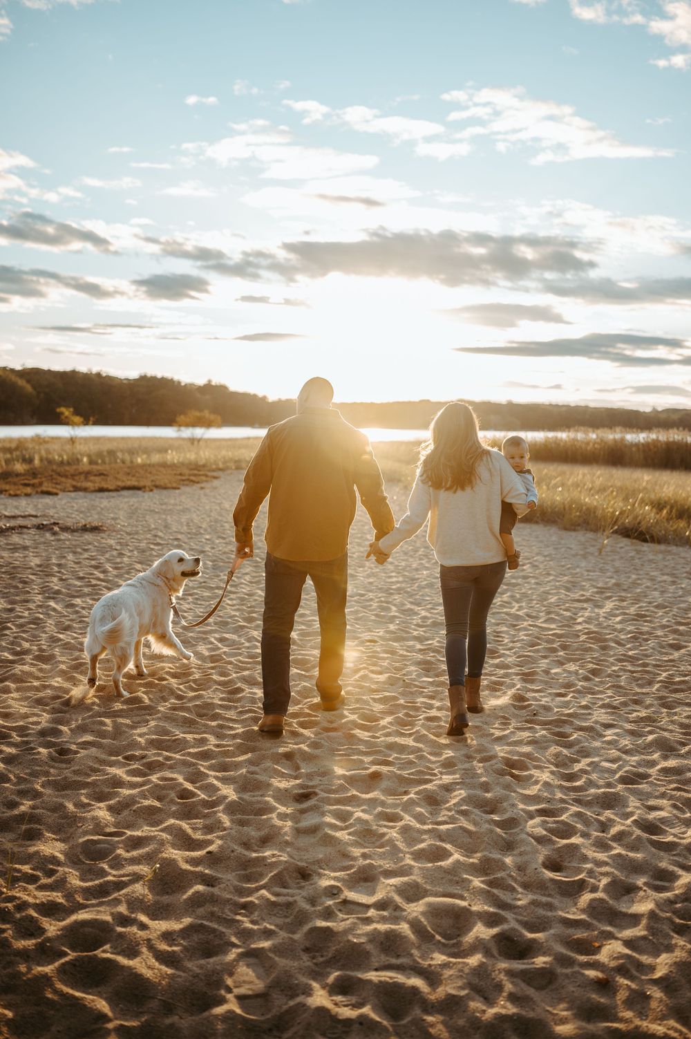Family walking on beach at sunset with white dog alongside them.