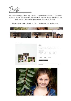 Photography prints pricing page showing senior portrait samples and a warning against printing at CVS, Walmart, or Walgreens.