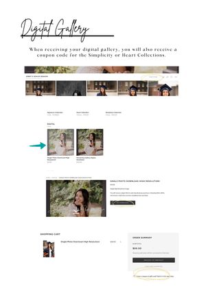 Digital gallery webpage showing photo collections with coupon offer for Simplicity or Heart Collections and shopping cart.