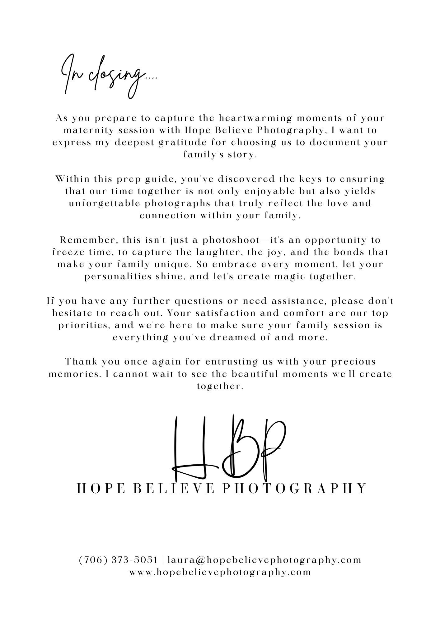Closing page of Hope Believe Photography maternity session prep guide with handwritten signature and contact details.