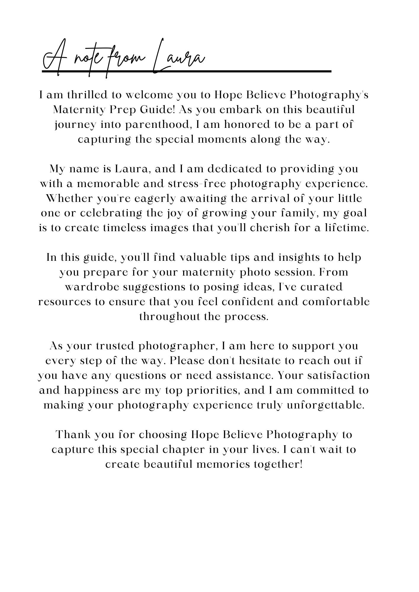 A heartfelt welcome note from Laura of Hope Believe Photography introducing her maternity prep guide for expecting parents.