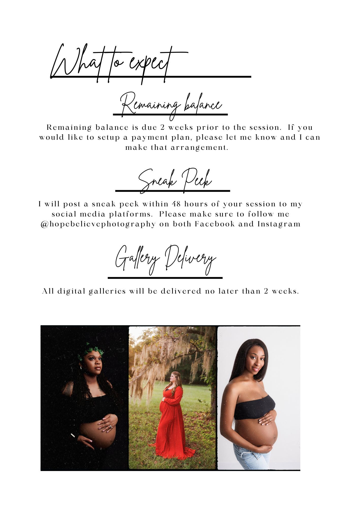 Maternity photography session guide detailing remaining balance, sneak peek, and gallery delivery policies.