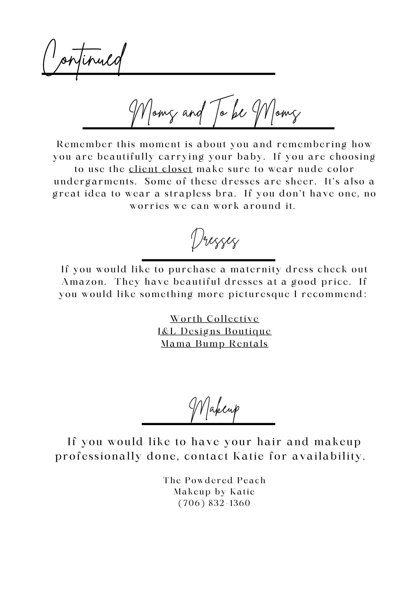 Maternity photography guide page with dress and makeup tips for moms-to-be, featuring vendor recommendations.