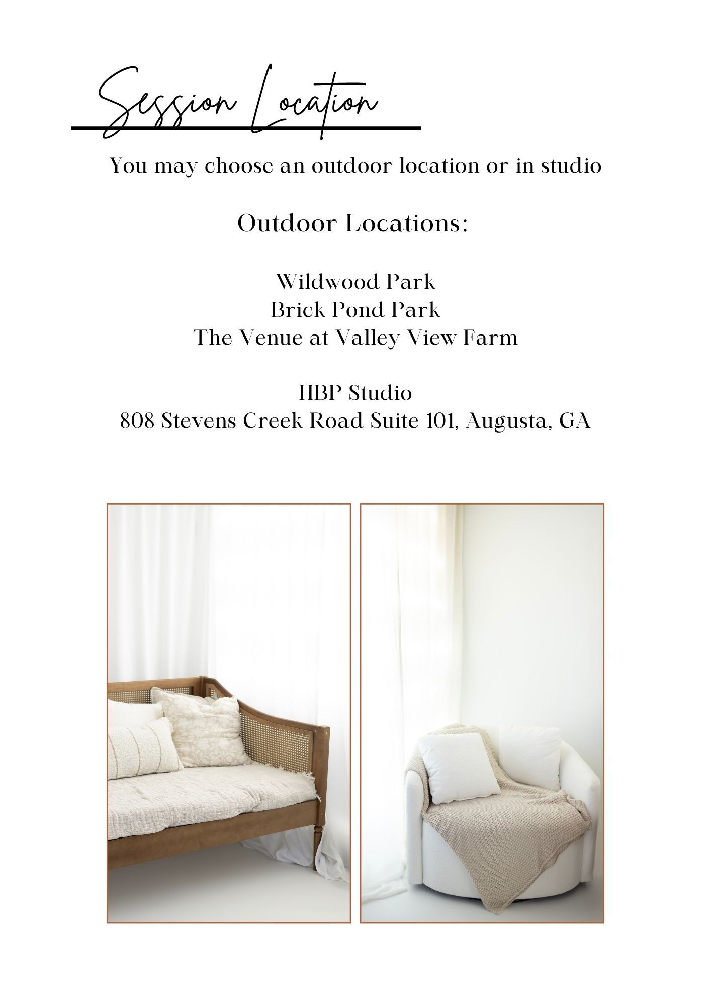 Photography studio session location guide showing indoor and outdoor options in Augusta, GA with cozy furniture setups.