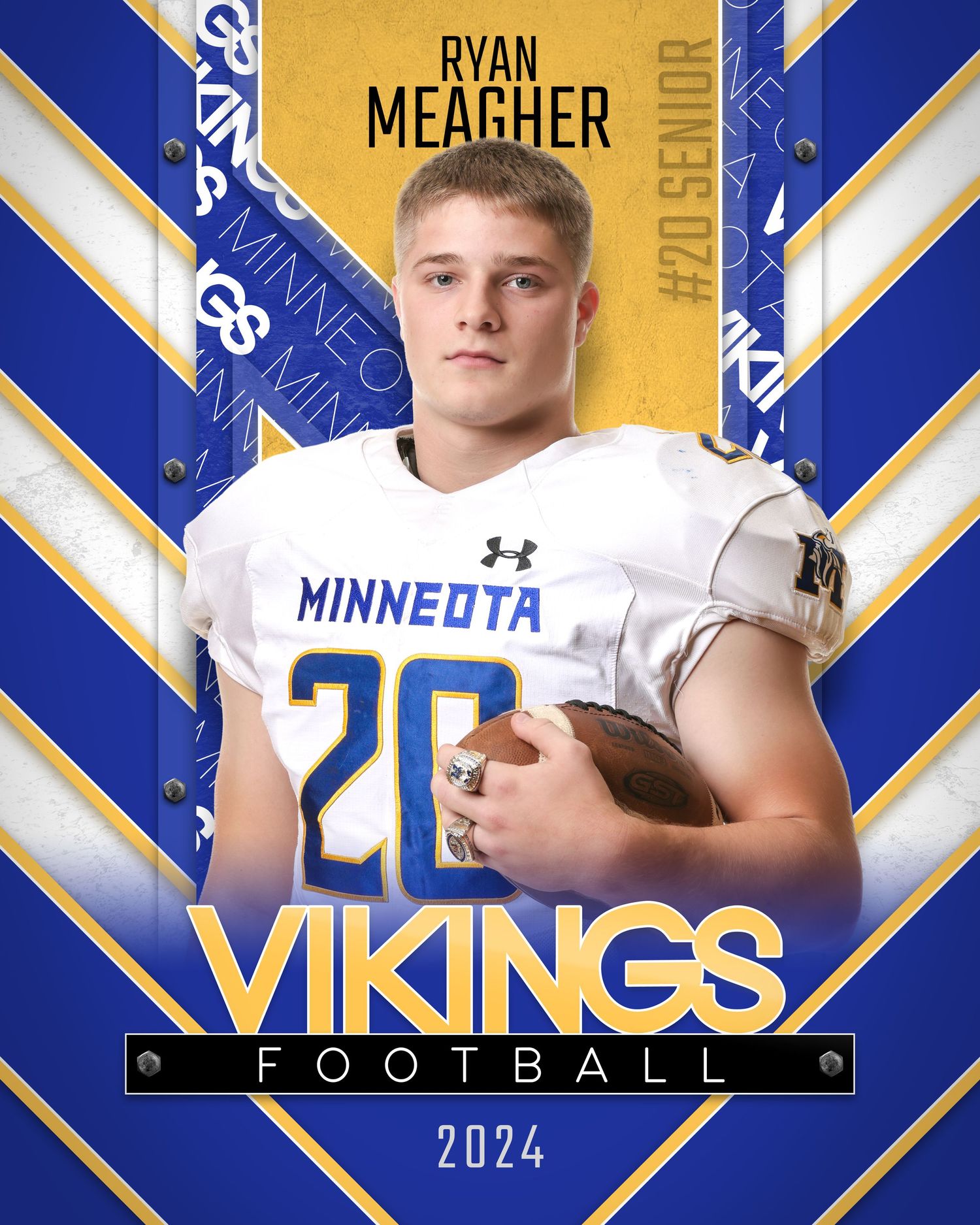 Ryan Meagher senior football portrait for Minneota Vikings Football 2024, wearing jersey number 20.