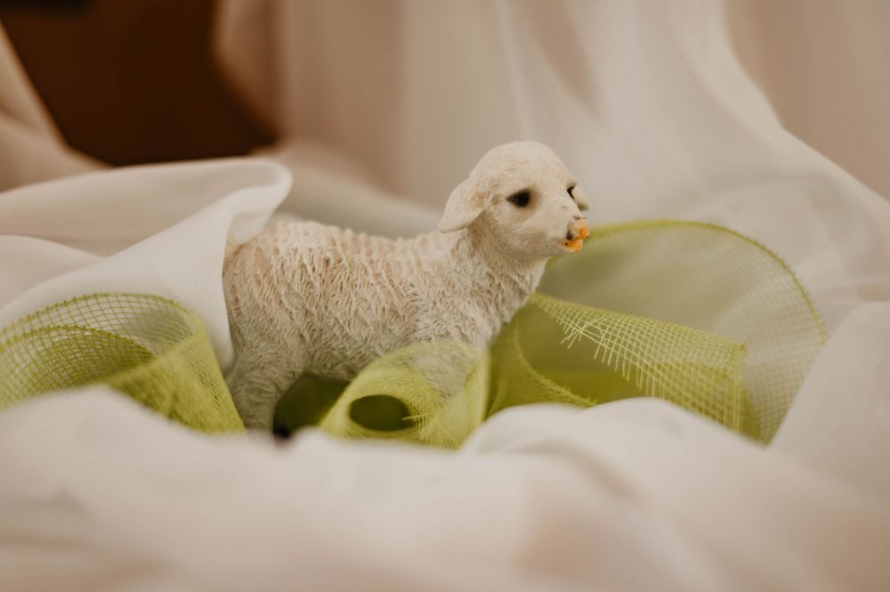 Small white lamb figurine resting on light green tulle fabric against white background.