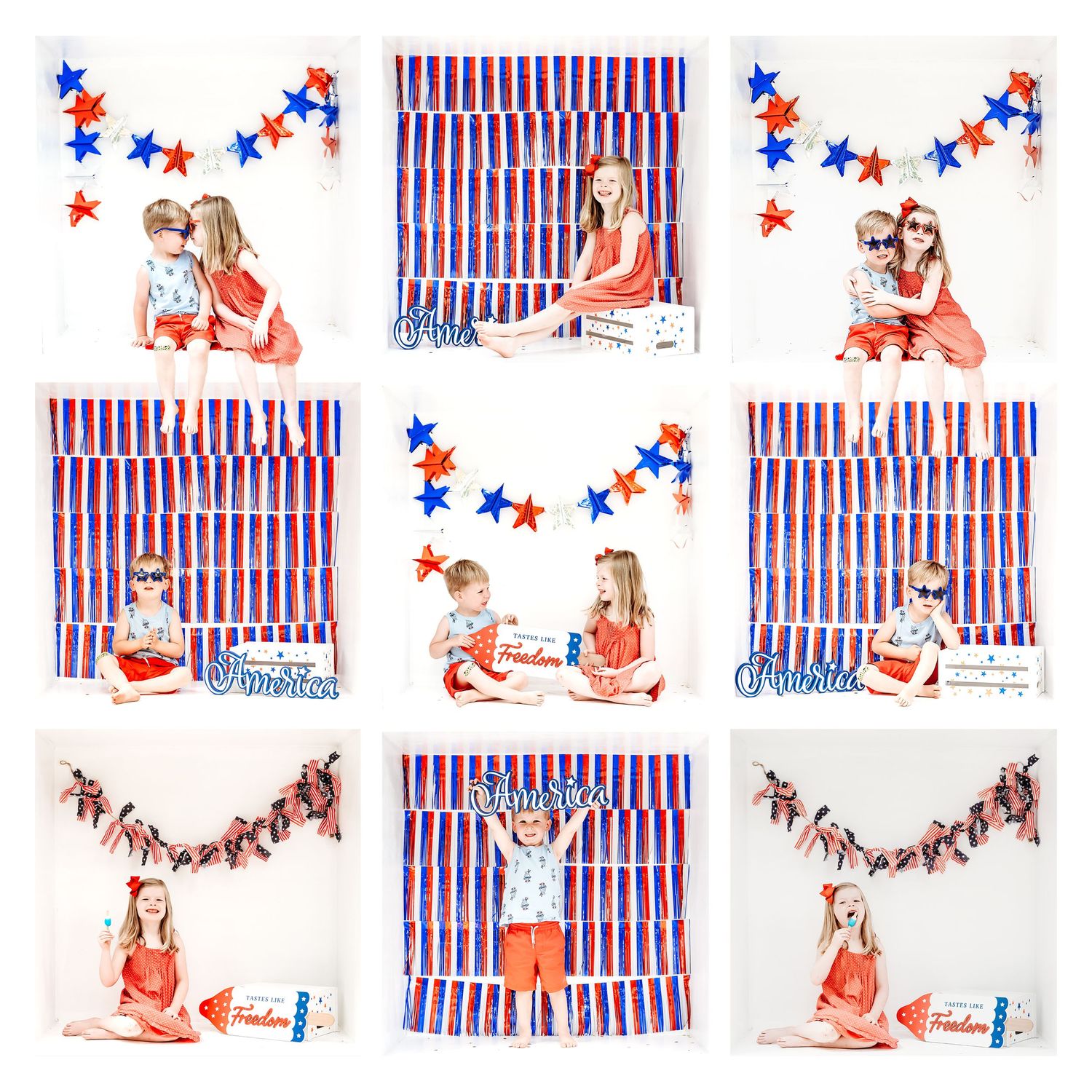 Patriotic themed photo collage with red white and blue decorations and festive poses.